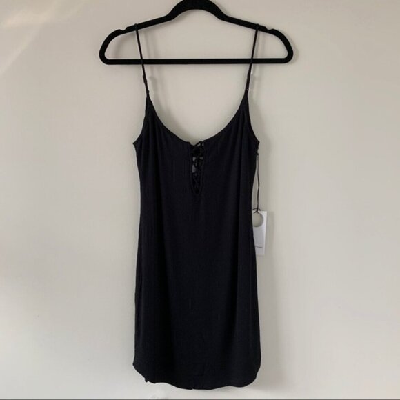 Revolve Privacy Please Terry Mini Dress Lace Up Ribbed knit Black Size Medium - Picture 4 of 16